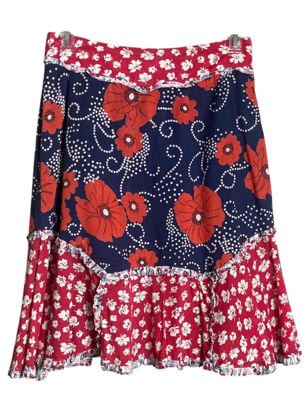 Vtg Y2K Mixed Ruffles Florals Skirt Tiered Low Rise Red Navy Festival Party Wm 4